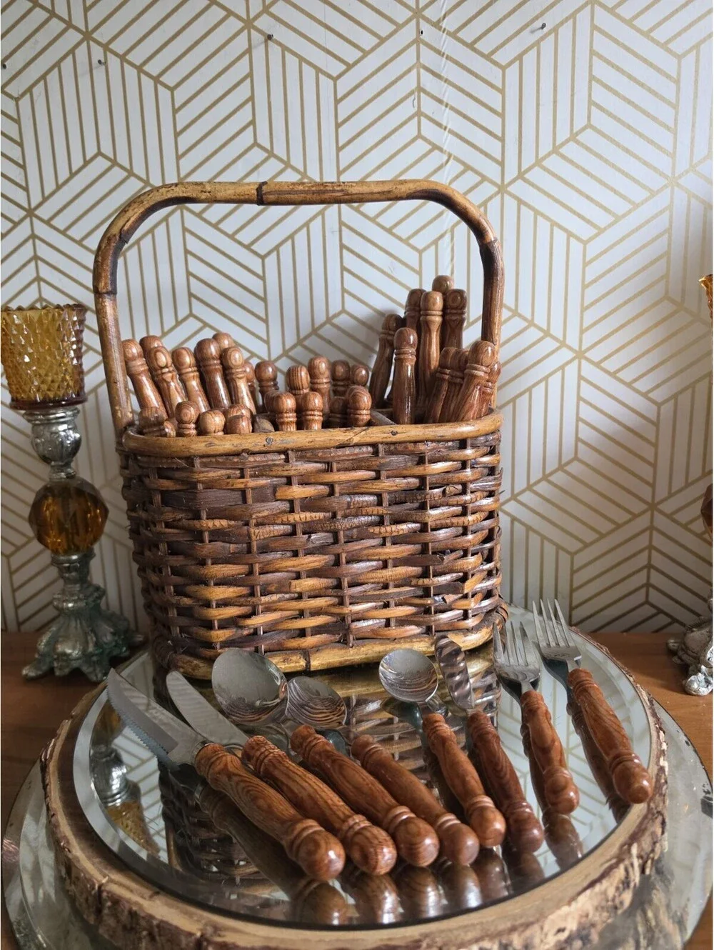Vintage Lifetime Cutlery Old Homestead Wood Handle Flatware w Wicker Caddy 59pc